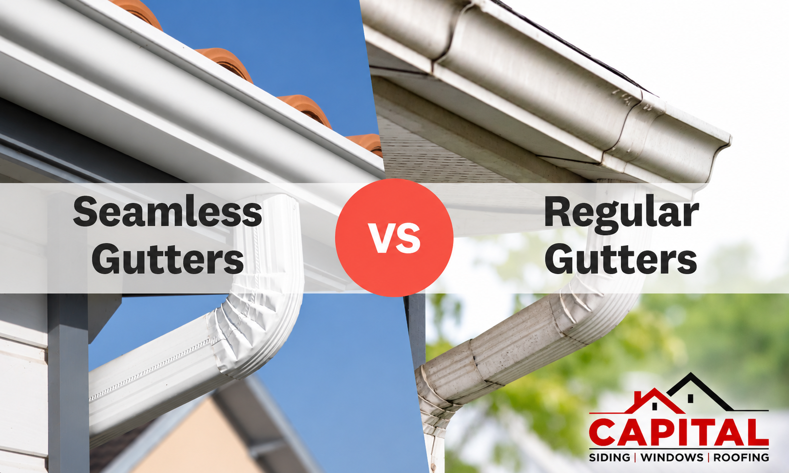 Seamless Gutters vs Regular Gutters Comparison Side-by-side comparison of seamless gutters and regular sectional gutters installed on residential homes, highlighting the differences in design, performance, and maintenance.