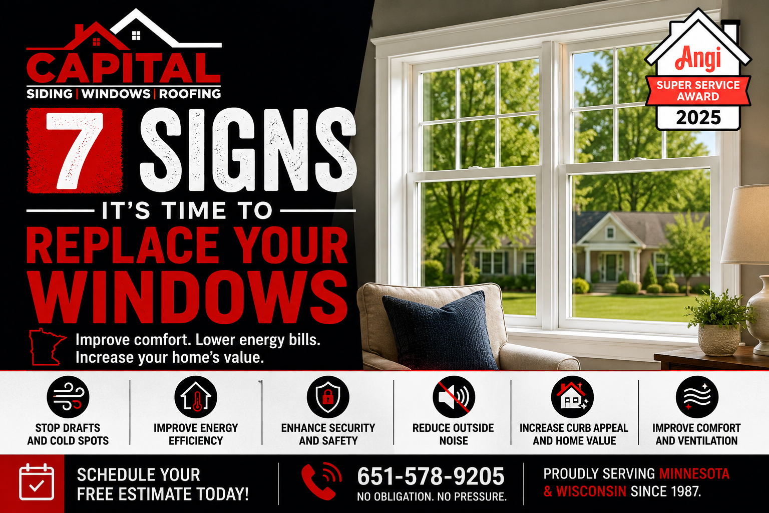 7 Signs It’s Time to Replace Your Windows Window replacement infographic showing seven signs it's time to replace your windows, including drafts, energy loss, security concerns, outside noise, and reduced curb appeal.