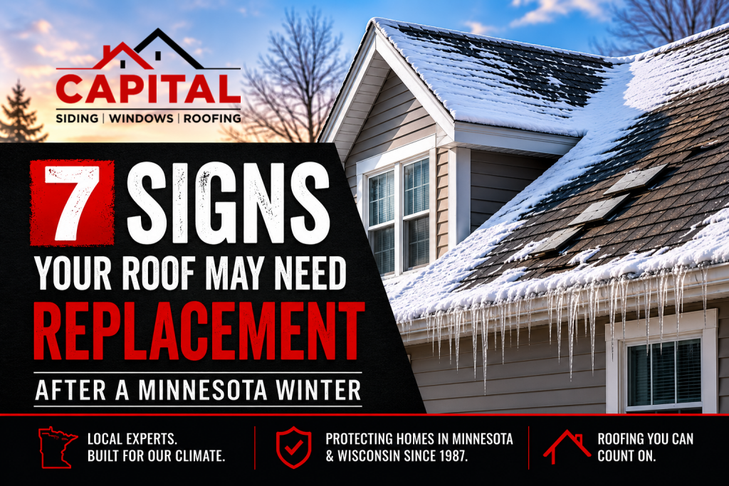 Snow-covered home with roof damage and ice buildup illustrating signs that a roof may need replacement after a Minnesota winter.
