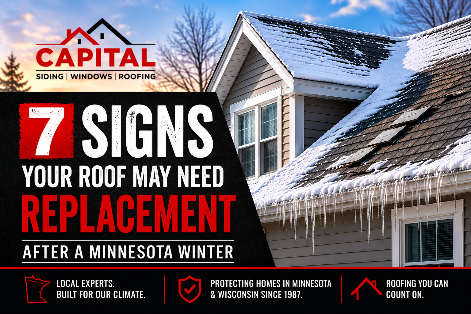 Snow-covered home with roof damage and ice buildup illustrating signs that a roof may need replacement after a Minnesota winter.