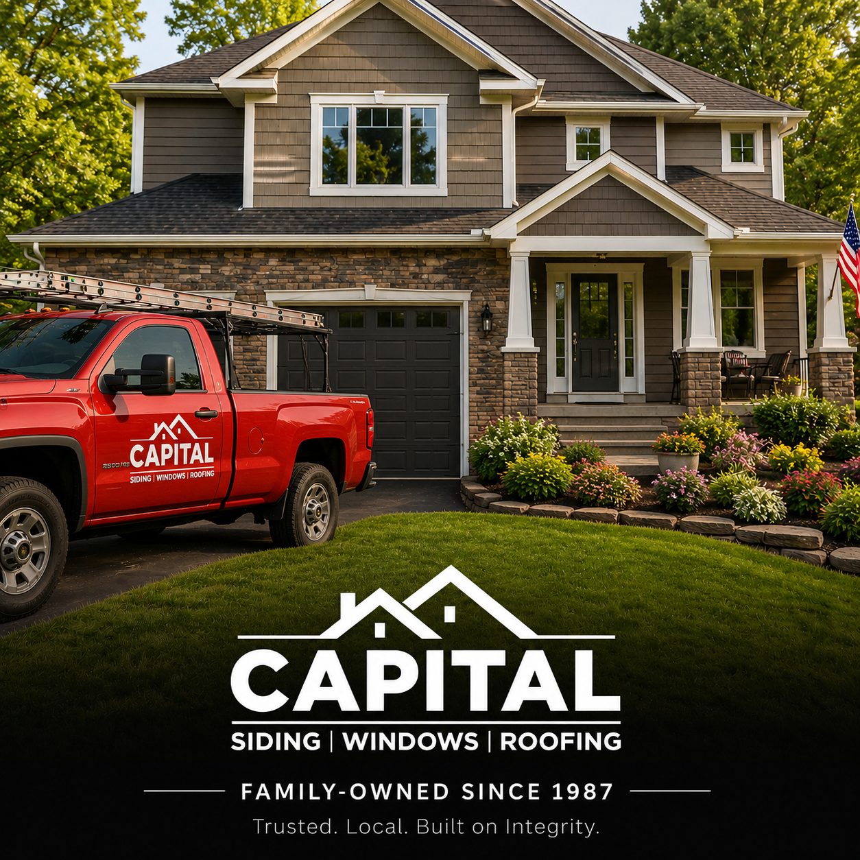 Capital Siding, Windows & Roofing company truck parked in front of a completed home exterior project, family-owned contractor serving Minnesota and Western Wisconsin since 1987.