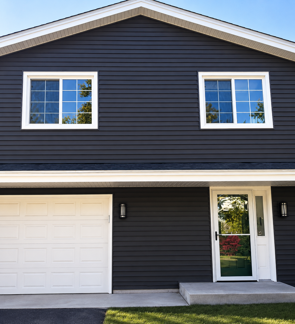 Front elevation of a Minnesota home featuring newly installed dark vinyl siding, bright white trim, updated windows, and enhanced curb appeal through a professional exterior remodeling project by Capital Siding, Windows & Roofing.