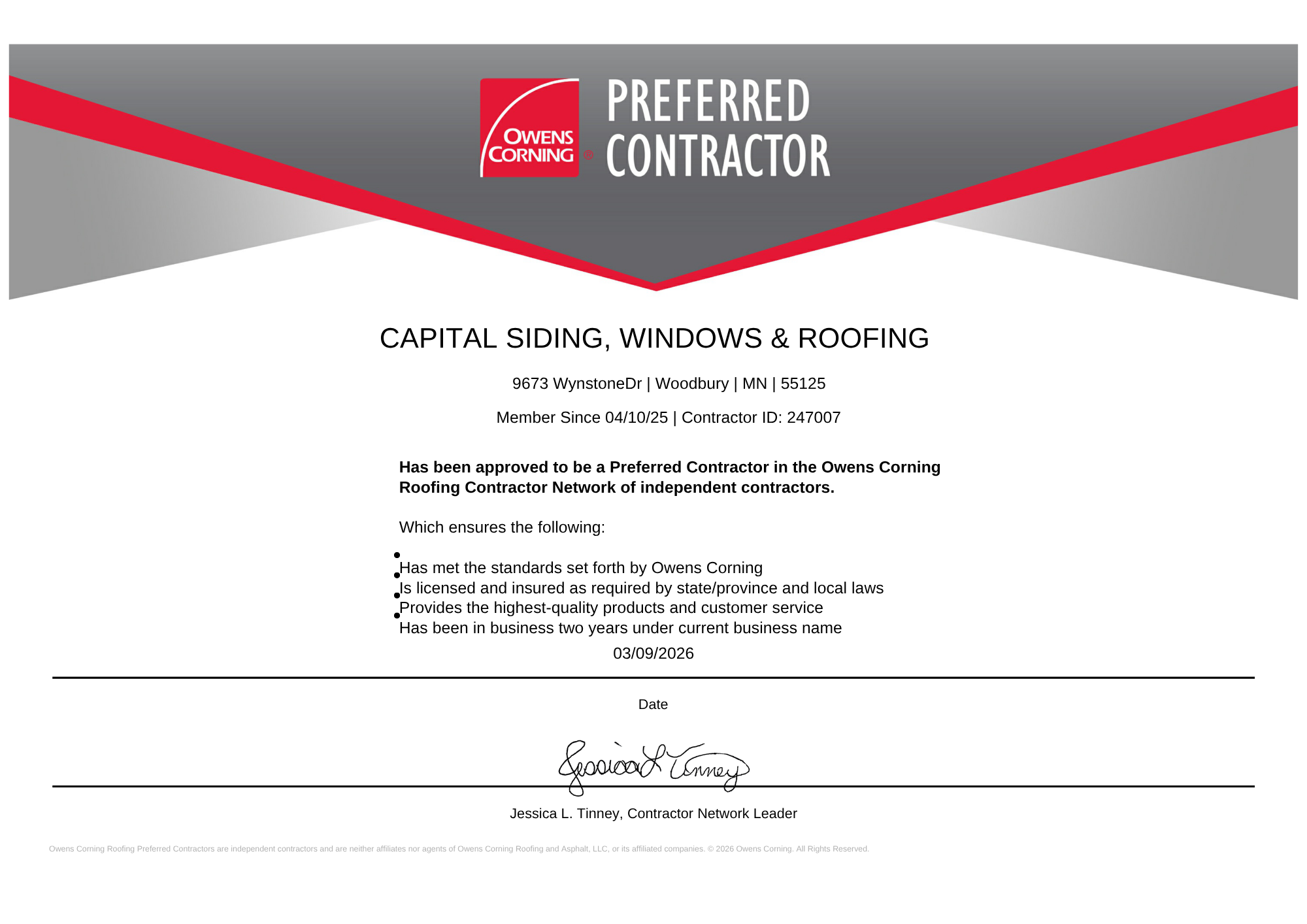 Owens Corning Preferred Contractor certificate awarded to Capital Siding, Windows & Roofing, recognizing professional roofing expertise, quality workmanship, and commitment to customer satisfaction.