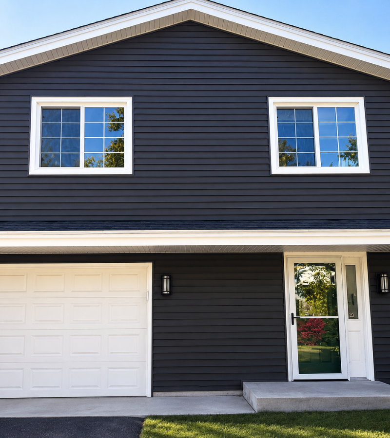 Home with new blue vinyl siding, white trim, and improved curb appeal installed by Capital Siding, Windows & Roofing.