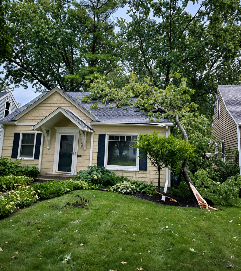 Tree fallen onto a residential roof after a severe storm, highlighting the need for professional storm damage inspection and roof repair services in Minnesota and Western Wisconsin.