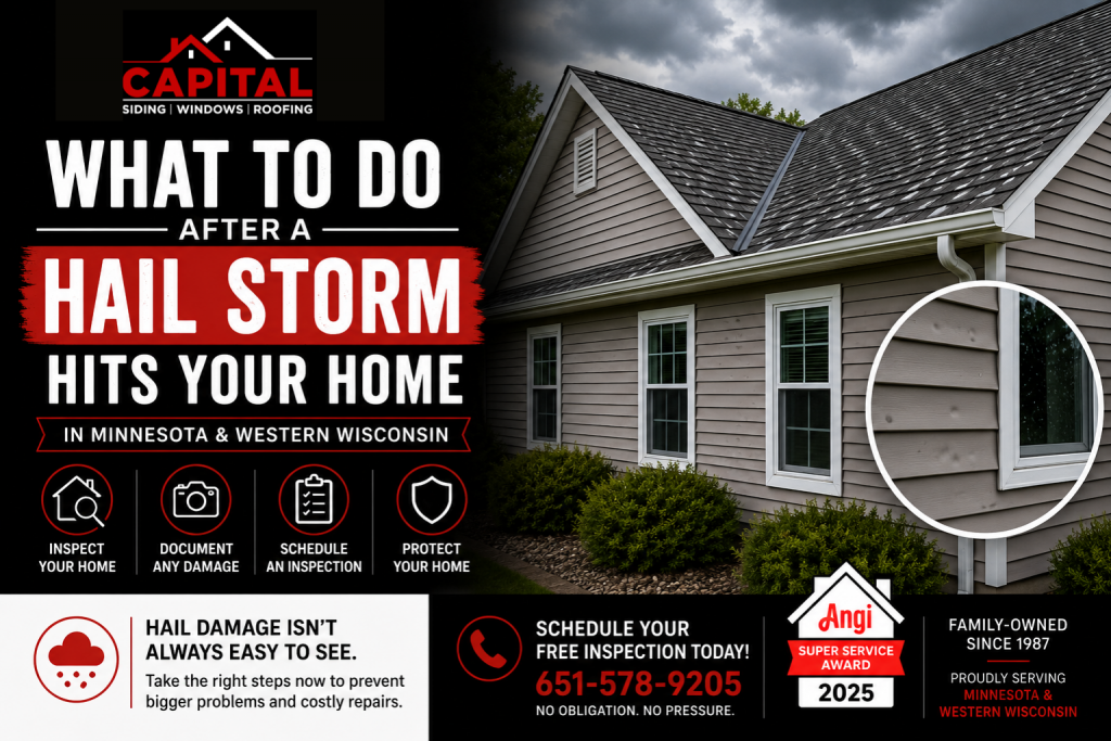 Capital Siding, Windows & Roofing graphic showing hail damage to residential siding and roofing with homeowner tips for inspecting and documenting storm damage after a hail storm.