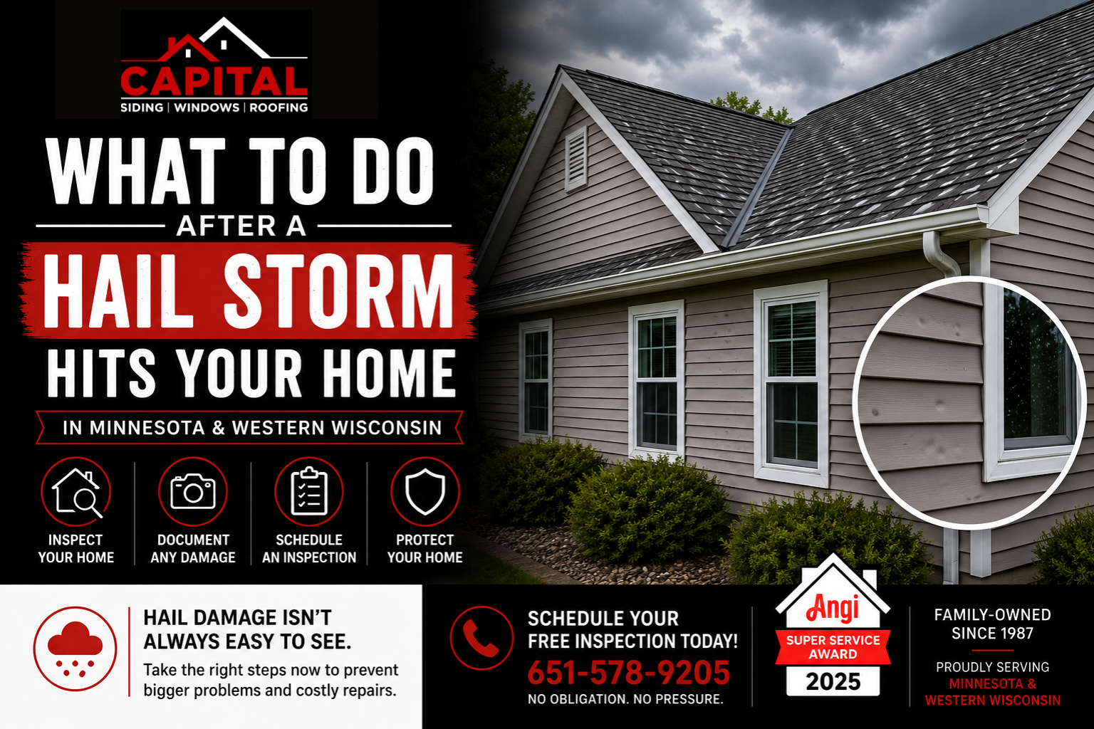 Capital Siding, Windows & Roofing graphic showing hail damage to residential siding and roofing with homeowner tips for inspecting and documenting storm damage after a hail storm.