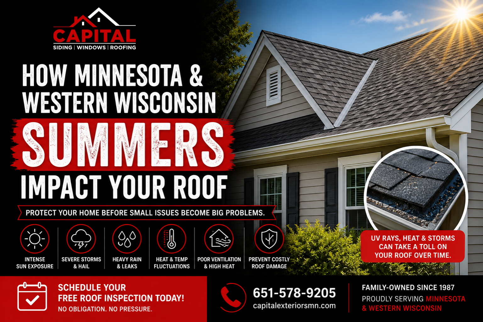 Capital Siding, Windows & Roofing graphic explaining how summer heat, UV rays, hail, storms, and heavy rain can impact residential roofs throughout Minnesota and Western Wisconsin.